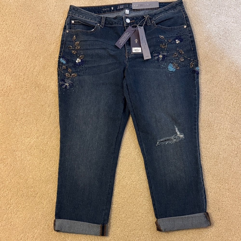 Jennifer Lopez Dark Blue Embroidered capri Jeans